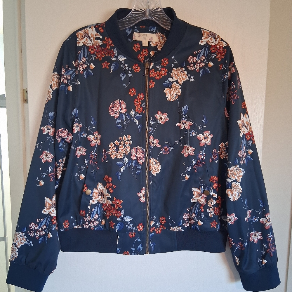 Hippie Rose-Dark Blue Floral Bomber Jacket. Size L